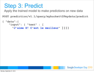 Developer DayGoogle 2010
Apply the trained model to make predictions on new data
POST prediction/v1.1/query/mybucket%2Fmydata/predict
{ "data":{
"input": { "text" : [
"J'aime X! C'est le meilleur" ]}}}
Step 3: Predict
Monday, September 27, 2010
 