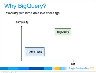 Developer DayGoogle 2010
Working with large data is a challenge
Why BigQuery?
Monday, September 27, 2010
 