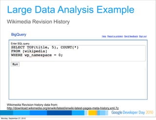 Developer DayGoogle 2010
Wikimedia Revision history data from:
http://download.wikimedia.org/enwiki/latest/enwiki-latest-pages-meta-history.xml.7z
Wikimedia Revision History
Large Data Analysis Example
Monday, September 27, 2010
 