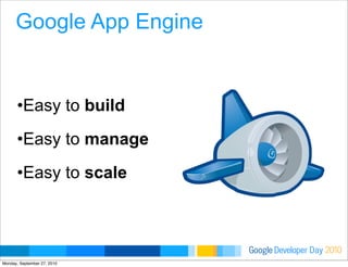 Developer DayGoogle 2010
Google App Engine
•Easy to build
•Easy to manage
•Easy to scale
7
Monday, September 27, 2010
 