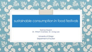 sustainable consumption in food festivals
Golnaz Nazem
Dr. Willem Coetzee, Dr. Craig Lee
University of Otago
Department of Tourism
 