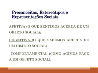 Preconceitos, Estereótipos e
Preconceitos, Estereótipos e
Representações Sociais
Representações Sociais
AFETIVA (O QUE SENTIMOS ACERCA DE UM
OBJETO SOCIAL);
COGNITIVA (O QUE SABEMOS ACERCA DE
UM OBJETO SOCIAL)
COMPORTAMENTAL (COMO AGIMOS FACE
A UM OBJETO SOCIAL).
 