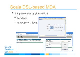 Scala DSL-based MDA
• Simplemodeler by @asami224
• Mindmap
• to GAE/Py & Java
 