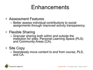 Enhancements Assessment Features Better assess individual contributions to social assignments through improved activity transparency. Flexible Sharing Granular sharing both within and outside the institution for sites, Personal Learning Space (PLS) and Community Areas (CA). Site Copy Seamlessly move content to and from course, PLS, and CA. 