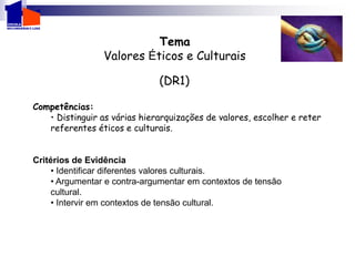 Tema
Valores Éticos e Culturais
(DR1)
Competências:
• Distinguir as várias hierarquizações de valores, escolher e reter
referentes éticos e culturais.
Critérios de Evidência
• Identificar diferentes valores culturais.
• Argumentar e contra-argumentar em contextos de tensão
cultural.
• Intervir em contextos de tensão cultural.
 