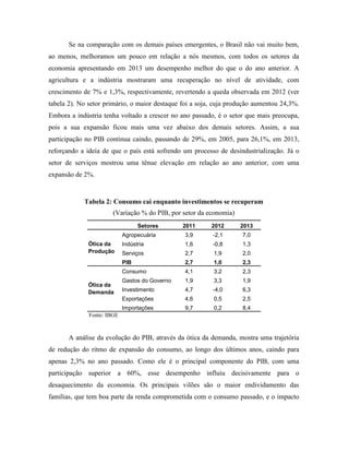 Se na comparação com os demais países emergentes, o Brasil não vai muito bem,
ao menos, melhoramos um pouco em relação a nós mesmos, com todos os setores da
economia apresentando em 2013 um desempenho melhor do que o do ano anterior. A
agricultura e a indústria mostraram uma recuperação no nível de atividade, com
crescimento de 7% e 1,3%, respectivamente, revertendo a queda observada em 2012 (ver
tabela 2). No setor primário, o maior destaque foi a soja, cuja produção aumentou 24,3%.
Embora a indústria tenha voltado a crescer no ano passado, é o setor que mais preocupa,
pois a sua expansão ficou mais uma vez abaixo dos demais setores. Assim, a sua
participação no PIB continua caindo, passando de 29%, em 2005, para 26,1%, em 2013,
reforçando a ideia de que o país está sofrendo um processo de desindustrialização. Já o
setor de serviços mostrou uma tênue elevação em relação ao ano anterior, com uma
expansão de 2%.
Tabela 2: Consumo cai enquanto investimentos se recuperam
(Variação % do PIB, por setor da economia)
Fonte: IBGE
A análise da evolução do PIB, através da ótica da demanda, mostra uma trajetória
de redução do ritmo de expansão do consumo, ao longo dos últimos anos, caindo para
apenas 2,3% no ano passado. Como ele é o principal componente do PIB, com uma
participação superior a 60%, esse desempenho influiu decisivamente para o
desaquecimento da economia. Os principais vilões são o maior endividamento das
famílias, que tem boa parte da renda comprometida com o consumo passado, e o impacto
Setores 2011 2012 2013
Agropecuária 3,9 -2,1 7,0
Indústria 1,6 -0,8 1,3
Serviços 2,7 1,9 2,0
PIB 2,7 1,0 2,3
Consumo 4,1 3,2 2,3
Gastos do Governo 1,9 3,3 1,9
Investimento 4,7 -4,0 6,3
Exportações 4,6 0,5 2,5
Importações 9,7 0,2 8,4
Ótica da
Demanda
Ótica da
Produção
 