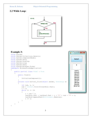 Renas R. Rekany Object-Oriented-Programming
5
2.2 While Loop:
Example 3:
using System;
using System.Collections.Generic;
using System.ComponentModel;
using System.Data;
using System.Drawing;
using System.Linq;
using System.Text;
using System.Windows.Forms;
namespace WindowsFormsApplication1
{
public partial class Form1 : Form
{
public Form1()
{
InitializeComponent();
}
private void button1_Click(object sender, EventArgs e)
{
int num, r, i;
num = Convert.ToInt32(textBox1.Text);
i = 1;
while (i <= 10)
{
r = num * i;
textBox2.Text = textBox2.Text + r + "=" + num + "*" + i;
textBox2.AppendText(Environment.NewLine);
i += 1;
}
}
}
}
 