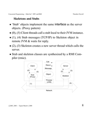 Concurrent Programming— Slide Set 7. RPC and RMI                                    Theodore Norvell


       Skeletons and Stubs
 • ‘Stub’ objects implement the same interface as the server
   objects. (Proxy pattern)
 • (0), (5) Client threads call a stub local to their JVM instance.
 • (1), (4) Stub messages (TCP/IP) to Skeleton object in
   remote JVM & waits for reply.
 • (2), (3) Skeleton creates a new server thread which calls the
   server.
 • Stub and skeleton classes are synthesized by a RMI Com-
   piler (rmic).
                                                    Call

                                                   Return
                                 Client                             Server
                                                   Message
                           (0)                                                (3)
                                           (5)                (2)

                                  Stub              Object
                                                                Skeleton
                                 (Proxy)
                                                    Process
                                                     (JVM)
                                 (1)                                         (4)



                                                    Network




c
°2003, 2005 — Typset March 5, 2008                                                               8
 