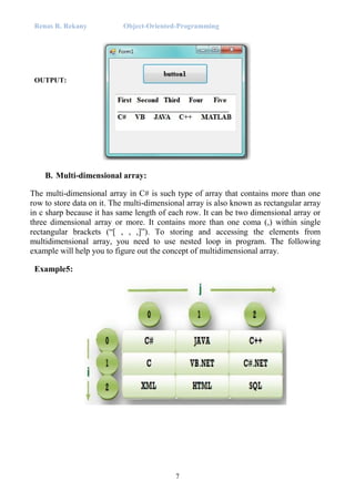 Renas R. Rekany Object-Oriented-Programming
7
OUTPUT:
B. Multi-dimensional array:
The multi-dimensional array in C# is such type of array that contains more than one
row to store data on it. The multi-dimensional array is also known as rectangular array
in c sharp because it has same length of each row. It can be two dimensional array or
three dimensional array or more. It contains more than one coma (,) within single
rectangular brackets (“[ , , ,]”). To storing and accessing the elements from
multidimensional array, you need to use nested loop in program. The following
example will help you to figure out the concept of multidimensional array.
Example5:
 
