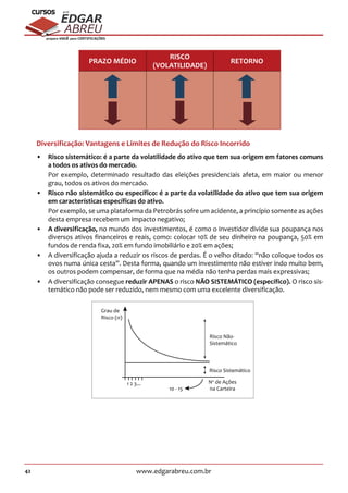 42 www.edgarabreu.com.br
EDGAR
ABREU
prof.cursos
prepara você para CERTIFICAÇÕES
PRAZO MÉDIO
RISCO
(VOLATILIDADE)
RETORNO
Diversificação: Vantagens e Limites de Redução do Risco Incorrido
•• Risco sistemático: é a parte da volatilidade do ativo que tem sua origem em fatores comuns
a todos os ativos do mercado.
Por exemplo, determinado resultado das eleições presidenciais afeta, em maior ou menor
grau, todos os ativos do mercado.
•• Risco não sistemático ou específico: é a parte da volatilidade do ativo que tem sua origem
em características específicas do ativo.
Por exemplo, se uma plataforma da Petrobrás sofre um acidente, a princípio somente as ações
desta empresa recebem um impacto negativo;
•• A diversificação, no mundo dos investimentos, é como o investidor divide sua poupança nos
diversos ativos financeiros e reais, como: colocar 10% de seu dinheiro na poupança, 50% em
fundos de renda fixa, 20% em fundo imobiliário e 20% em ações;
•• A diversificação ajuda a reduzir os riscos de perdas. É o velho ditado: “não coloque todos os
ovos numa única cesta”. Desta forma, quando um investimento não estiver indo muito bem,
os outros podem compensar, de forma que na média não tenha perdas mais expressivas;
•• A diversificação consegue reduzir APENAS o risco NÃO SISTEMÁTICO (específico). O risco sis-
temático não pode ser reduzido, nem mesmo com uma excelente diversificação.
Grau de
Risco (σ)
Risco Não-
Sistemático
Risco Sistemático
1 2 3...
10 - 15
No
de Ações
na Carteira
 