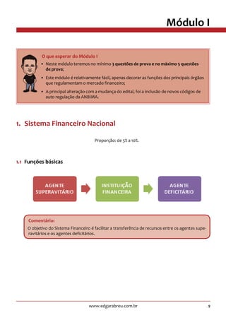 9www.edgarabreu.com.br
Módulo I
1.  Sistema Financeiro Nacional
Proporção: de 5% a 10%.
1.1  Funções básicas
Comentário:
O objetivo do Sistema Financeiro é facilitar a transferência de recursos entre os agentes supe-
ravitários e os agentes deficitários.
     O que esperar do Módulo I
•• Neste módulo teremos no mínimo 3 questões de prova e no máximo 5 questões
de prova;
•• Este módulo é relativamente fácil, apenas decorar as funções dos principais órgãos
que regulamentam o mercado financeiro;
•• A principal alteração com a mudança do edital, foi a inclusão de novos códigos de
auto regulação da ANBIMA.
 
