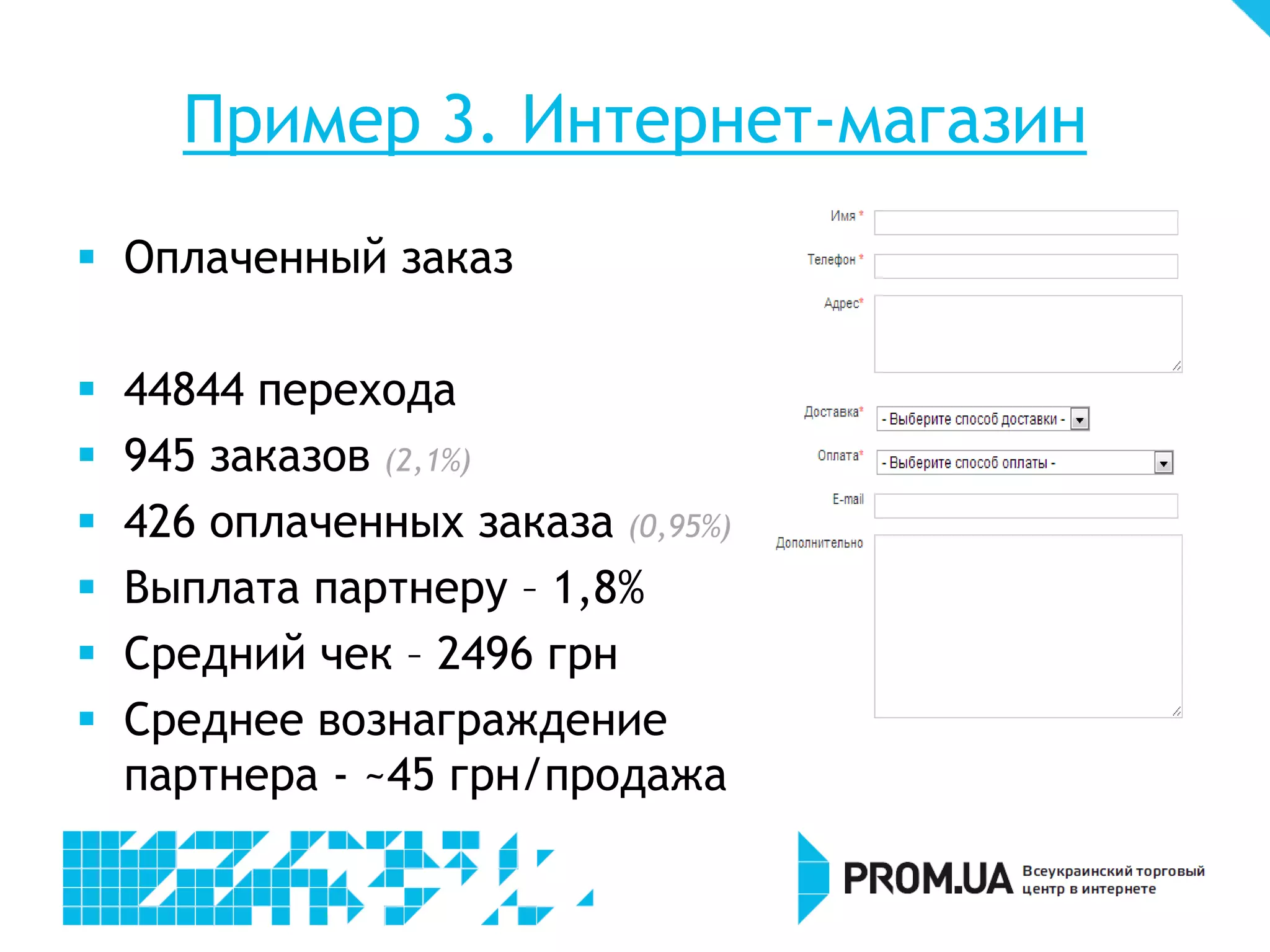 Пример 3. Интернет-магазин
 Оплаченный заказ

   44844 перехода
   945 заказов (2,1%)
   426 оплаченных заказа (0,95%)
   Выплата партнеру – 1,8%
   Средний чек – 2496 грн
   Среднее вознаграждение
    партнера - ~45 грн/продажа
 