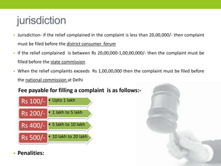 • Jurisdiction- if the relief complained in the complaint is less than 20,00,000/- then complaint
must be filed before the district consumer forum
• if the relief complained is between Rs 20,00,000-1,00,00,000/- then the complaint must be
filled before the state commission
• When the relief complaints exceeds Rs 1,00,00,000 then the complaint must be filed before
the national commission at Delhi
Fee payable for filling a complaint is as follows:-
• Penalities:
jurisdiction
• Upto 1 lakhRs 100/-
• 1 lakh to 5 lakhRs 200/-
• 5 lakh to 10 lakhRs 400/-
• 10 lakh to 20 lakhRs 500/-
 