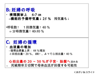 B: 妊婦の呼吸
・横隔膜挙上　 4-7 ㎝
　⇒機能的予備呼気量↓ 25 ％　残気量も↓
•呼吸数↑　１回換気量↑ 40 ％
⇒ 分時換気量↑ 40-50 ％　
くまがい Dr スライド
C: 妊婦の循環
・血液量の増加
　 - 循環血漿量上昇： 48 ％増加
　 -1 回拍出量↑ 20 ％、 HR↑ 、よって心拍出量↑ 40 ％
　心拍出量の 20 ～ 30 ％が子宮・胎盤へ流れる
→ 　死戦期帝王切開で母体血流が回復する可能性
 