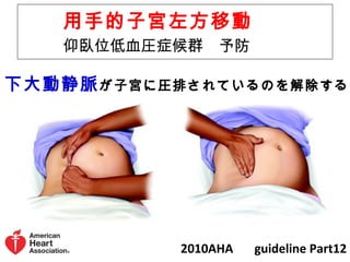 　　用手的子宮左方移動
　　仰臥位低血圧症候群　予防　
2010AHA 　 guideline Part12
下大動静脈が子宮に圧排されているのを解除する
 