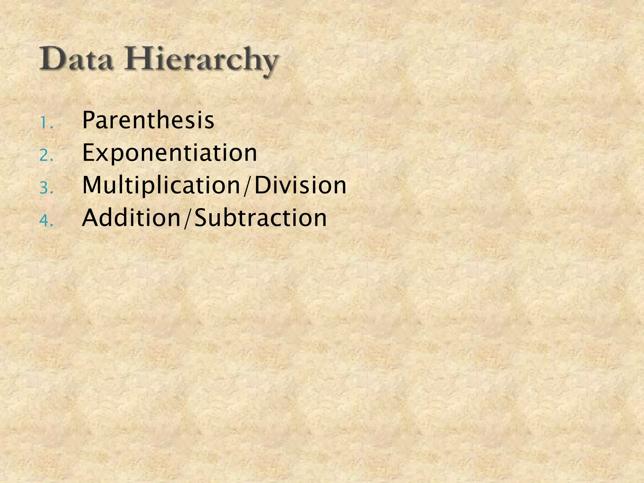 1. Parenthesis
2. Exponentiation
3. Multiplication/Division
4. Addition/Subtraction
 