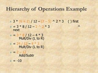 3 * (6 + 2) / 12 – (7 – 5) ^ 2 * 3 ( ) first
 = 3 * 8 / 12 – 2 ^ 2 * 3 ^
next
 = 3 * 8 / 12 – 4 * 3
Mult/Div (L to R)
 = 24 / 12 – 4 * 3
Mult/Div (L to R)
 = 2 – 12
Add/Subtr
 = -10
 