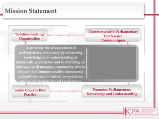 Mission Statement Promotes Parliamentary Knowledge and Understanding Seeks Good or Best Practice Commonwealth Parliamentary Conference  Communiqués To promote the advancement of parliamentary democracy by enhancing knowledge and understanding of democratic governance and by building an informed parliamentary community able to deepen the Commonwealth’s democratic commitment and to further co-operation among its Parliament and Legislatures “ Solution-Seeking” Organization 