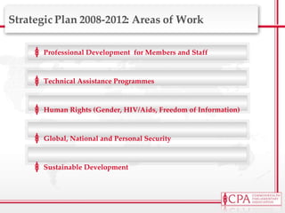 Strategic Plan 2008-2012: Areas of Work Professional Development  for Members and Staff Technical Assistance Programmes Human Rights (Gender, HIV/Aids, Freedom of Information) Global, National and Personal Security Sustainable Development 