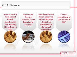 CPA Finance Income, mainly from annual Branch membership fees, totaling  £ 2.2 million in 2007. Most of the fees are returned to the Branches in services. Membership fees based largely on size of Branch’s delegation entitlement to the annual conference. Central expenditure of £2.5 million in 2007. 