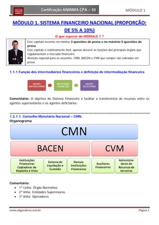 MÓDULO 1

  MÓDULO 1. SISTEMA FINANCEIRO NACIONAL (PROPORÇÃO:
                      DE 5% A 10%)
                                O que esperar do MÓDULO 1 ?
           Este capitulo teremos no mínimo 3 questões de prova e no máximo 5 questões de
           prova.
           Este capítulo é relativamente fácil, apenas decorar as funções dos principais órgãos que
           regulamentam o mercado financeiro.
           Atenção especial para os assuntos: CMN, BACEN e CVM que sempre são cobrados em
           prova.


1.1.1 Função dos intermediários financeiros e definição de intermediação financeira




Comentário: O objetivo do Sistema Financeiro é facilitar a transferência de recursos entre os
agentes superavitários e os agentes deficitários.



1.2.1.1. Conselho Monetário Nacional – CMN:
Organograma




Comentário:
  • 1ª Linha: Órgão Normativo
  • 2ª linha: Entidades Supervisoras.
  • 3ª linha: Operadores



www.edgarabreu.com.br                                                                           Página 1
 