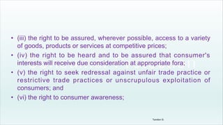 • (iii) the right to be assured, wherever possible, access to a variety
of goods, products or services at competitive prices;
• (iv) the right to be heard and to be assured that consumer's
interests will receive due consideration at appropriate fora;
• (v) the right to seek redressal against unfair trade practice or
restrictive trade practices or unscrupulous exploitation of
consumers; and
• (vi) the right to consumer awareness;
Tandon D.
 