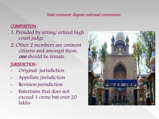 COMPOSITION:
1. Presided by sitting/ retired high
court judge
2. Other 2 members are eminent
citizens and amongst them,
one should be female.
JURISDICTION:
• Original jurisdiction
• Appellate jurisdiction
• Revision jurisdiction
• Entertains that does not
exceed 1 crore but over 20
lakhs
 