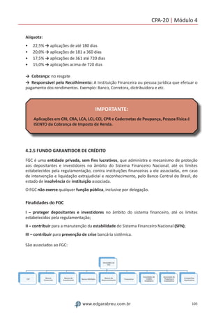 103www.edgarabreu.com.br
CPA-20 | Módulo 4
Alíquota:
•• 22,5% → aplicações de até 180 dias
•• 20,0% → aplicações de 181 a 360 dias
•• 17,5% → aplicações de 361 até 720 dias
•• 15,0% → aplicações acima de 720 dias
→	 Cobrança: no resgate
→	 Responsável pelo Recolhimento: A Instituição Financeira ou pessoa jurídica que efetuar o
pagamento dos rendimentos. Exemplo: Banco, Corretora, distribuidora e etc.
IMPORTANTE:
Aplicações em CRI, CRA, LCA, LCI, CCI, CPR e Cadernetas de Poupança, Pessoa Física é
ISENTO da Cobrança de Imposto de Renda.
4.2.5 FUNDO GARANTIDOR DE CRÉDITO
FGC é uma entidade privada, sem fins lucrativos, que administra o mecanismo de proteção
aos depositantes e investidores no âmbito do Sistema Financeiro Nacional, até os limites
estabelecidos pela regulamentação, contra instituições financeiras a ele associadas, em caso
de intervenção e liquidação extrajudicial e reconhecimento, pelo Banco Central do Brasil, do
estado de insolvência de instituição associada.
O FGC não exerce qualquer função pública, inclusive por delegação.
Finalidades do FGC
I – proteger depositantes e investidores no âmbito do sistema financeiro, até os limites
estabelecidos pela regulamentação;
II – contribuir para a manutenção da estabilidade do Sistema Financeiro Nacional (SFN);
III – contribuir para prevenção de crise bancária sistêmica.
São associados ao FGC:
 