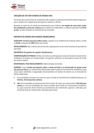 158 www.edgarabreu.com.br
EDGAR
ABREU
prof.cursos
prepara você para CERTIFICAÇÕES
EXCEÇÃO DE IOF EM FUNDOS DE RENDA FIXA
Os fundos de investimento de renda fixa estão sujeitos à cobrança de IOF pela tabela regressiva,
que é zerado com resgate de prazo igual ou superior a 30 dias.
Quando se tratar de um fundo de investimento com carência, no resgate de suas cotas, antes
de completado o prazo de carência para crédito de rendimentos, a alíquota aplicada é de 0,5%
ao dia, sempre limitado ao rendimento do investidor.
IMPOSTO DE RENDA EM FUNDOS IMOBILIÁRIOS
ALÍQUOTA: Inclusive pessoa jurídica isenta, sujeitam-se à incidência do imposto sobre a renda
na fonte à alíquota de 20% (vinte por cento).
RECOLHIMENTO: Até o último dia útil do mês subsequente ao do encerramento do período de
apuração.
INCIDÊNCIA: Os ganhos de capital e Rendimentos.
COMPENSAÇÃO DE PERDAS: Perdas incorridas na alienação de cotas de fundo de investimento
imobiliário só podem ser compensadas com ganhos auferidos na alienação de cotas de fundo
da mesma espécie.
RESPONSÁVEL PELO RECOLHIMENTO: Administrador do Fundo.
ISENÇÃO: Ficam isentos do imposto sobre a renda na fonte e na declaração de ajuste anual
das pessoas físicas, os rendimentos distribuídos pelos fundos de investimento imobiliário cujas
cotas sejam admitidas à negociação exclusivamente em bolsas de valores ou no mercado de
balcão organizado.
I.	 será concedido somente nos casos em que o fundo de investimento imobiliário possua, no
mínimo, 50 (cinquenta) cotistas;
II.	não será concedido ao cotista pessoa física titular de cotas que representem 10% (dez por
cento) ou mais da totalidade das cotas emitidas pelo fundo de investimento imobiliário
ou cujas cotas lhe derem direito ao recebimento de rendimento superior a 10% (dez por
cento) do total de rendimentos auferidos pelo fundo.
 