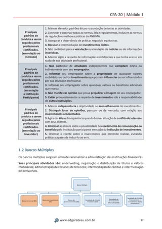 17www.edgarabreu.com.br
CPA-20 | Módulo 1
Principais
padrões de
conduta a serem
seguidos pelos
profissionais
certificados.
(em relação ao
mercado)
1. Manter elevados padrões éticos na condução de todas as atividades.
2. Conhecer e observar todas as normas, leis e regulamentos, inclusive as normas
de regulação e melhores práticas da ANBIMA.
3. Assegurar a observância de práticas negociais equitativas.
4. Recusar a intermediação de investimentos ilícitos.
5. Não contribuir para a veiculação ou circulação de notícias ou de informações
inverídicas.
6. Manter sigilo a respeito de informações confidenciais a que tenha acesso em
razão de sua atividade profissional.
Principais
padrões de
conduta a serem
seguidos pelos
profissionais
certificados.
(em relação
a Instituição
Participante)
1. Não participar de atividades independentes que compitam direta ou
indiretamente com seu empregador.
2. Informar seu empregador sobre a propriedade de quaisquer valores
mobiliários ou outros investimentos que possam influenciar ou ser influenciados
por sua atividade profissional.
3. Informar seu empregador sobre quaisquer valores ou benefícios adicionais
que receba.
4. Não manifestar opinião que possa prejudicar a imagem do seu empregador.
5. Evitar pronunciamentos a respeito de investimentos sob a responsabilidade
de outras instituições.
Principais
padrões de
conduta a serem
seguidos pelos
profissionais
certificados.
(em relação ao
Investidor)
1. Manter independência e objetividade no aconselhamento de investimentos.
2. Distinguir fatos de opiniões, pessoais ou de mercado, com relação aos
investimentos aconselhados.
3.Agircométicaetransparênciaquandohouversituaçãodeconflitodeinteresse
com seus clientes.
4. Informar ao cliente sobre a possibilidade de recebimento de remuneração ou
benefício pela instituição participante em razão da indicação de investimentos.
5. Orientar o cliente sobre o investimento que pretende realizar, evitando
práticas capazes de induzi-lo ao erro.
1.2 Bancos Múltiplos
Os bancos múltiplos surgiram a fim de racionalizar a administração das instituições financeiras.
Suas principais atividades são: underwriting, negociação e distribuição de títulos e valores
mobiliários; administração de recursos de terceiros; intermediação de câmbio e intermediação
de derivativos.
 