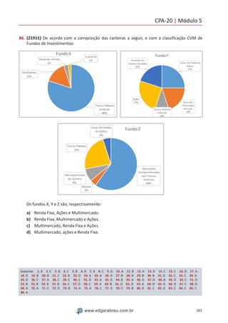 CPA-20 | Módulo 5
183www.edgarabreu.com.br
86.	(21911) De acordo com a composição das carteiras a seguir, e com a classificação CVM de
Fundos de Investimentos:
 
Os fundos X, Y e Z são, respectivamente:
a)	 Renda Fixa, Ações e Multimercado.
b)	 Renda Fixa, Multimercado e Ações.
c)	 Multimercado, Renda Fixa e Ações.
d)	 Multimercado, ações e Renda Fixa.
Gabarito: 1. A 2. C 3. B 4. C 5. B 6. B 7. B 8. C 9. D 10. A 11. B 12. A 13. D 14. C 15. C 16. D 17. A 
18. D 19. B 20. B 21. C 22. B 23. D 24. A 25. A 26. D 27. B 28. B 29. B 30. B 31. D 32. C 33. C 34. A 
35. D 36. C 37. A 38. C 39. C 40. C 41. D 42. A 43. D 44. B 45. A 46. D 47. D 48. B 49. D 50. C 51. D
52. B 53. B 54. B 55. B 56. C 57. D 58. C 59. A 60. B 61. D 62. D 63. A 64. D 65. D 66. D 67. C 68. D
69. A 70. A 71. C 72. D 73. B 74. A 75. A 76. C 77. D 78. C 79. B 80. D 81. C 82. D 83. C 84. C 85. C 
86. A
 