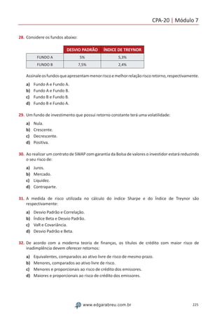 CPA-20 | Módulo 7
225www.edgarabreu.com.br
28.	Considere os fundos abaixo:
DESVIO PADRÃO ÍNDICE DE TREYNOR
FUNDO A 5% 5,3%
FUNDO B 7,5% 2,4%
Assinaleosfundosqueapresentammenorriscoemelhorrelaçãoriscoretorno,respectivamente.
a)	 Fundo A e Fundo A.
b)	 Fundo A e Fundo B.
c)	 Fundo B e Fundo B.
d)	 Fundo B e Fundo A.
29.	Um fundo de investimento que possui retorno constante terá uma volatilidade:
a)	 Nula.
b)	 Crescente.
c)	 Decrescente.
d)	 Positiva.
30.	Ao realizar um contrato de SWAP com garantia da Bolsa de valores o investidor estará reduzindo
o seu risco de:
a)	 Juros.
b)	 Mercado.
c)	 Liquidez.
d)	 Contraparte.
31.	A medida de risco utilizada no cálculo do índice Sharpe e do Índice de Treynor são
respectivamente:
a)	 Desvio Padrão e Correlação.
b)	 Índice Beta e Desvio Padrão.
c)	 VaR e Covariância.
d)	 Desvio Padrão e Beta.
32.	De acordo com a moderna teoria de finanças, os títulos de crédito com maior risco de
inadimplência devem oferecer retornos:
a)	 Equivalentes, comparados ao ativo livre de risco de mesmo prazo.
b)	 Menores, comparados ao ativo livre de risco.
c)	 Menores e proporcionais ao risco de crédito dos emissores.
d)	 Maiores e proporcionais ao risco de crédito dos emissores.
 