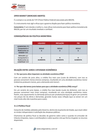 62 www.edgarabreu.com.br
EDGAR
ABREU
prof.cursos
prepara você para CERTIFICAÇÕES
OPEN MARKET (MERCADO ABERTO)
É a compra e ou venda de T.P.F (Título Público Federal) executada pelo BACEN;
É o instrumento mais ágil e eficaz que o governo dispõe para fazer política monetária;
Comentário: É sem dúvida o melhor e, mais eficaz instrumento para fazer política monetária do
BACEN, por ter um resultado imediato e confiável.
CONSEQUÊNCIAS DA POLÍTICA MONETÁRIA
LIQUIDEZ INFLAÇÃO PIB
AUMENTAR (↑)
Compulsório e
Redesconto ou
VENDER T.P.F
REDUZ
↓
REDUZ
↓
REDUZ
↓
REDUZIR (↓)
Compulsório e
Redesconto ou
COMPRAR T.P.F
↑
AUMENTA
↑
AUMENTA
↑
AUMENTA
RELAÇÃO ENTRE JUROS E ATIVIDADE ECONÔMICA
→	 Por que juros altos impactam na atividade econômica (PIB)?
Com um cenário de juros altos, o crédito fica mais caro (custo do dinheiro), com isso as
pessoas consomem menos (menos compras), resultando em uma atividade econômica menor
(indústrias produzem menos, pois a demanda está menor).
→	 Por que não temos juros baixos para que a atividade econômica (PIB) cresça?
Em um cenário de juros baixos, o crédito fica mais barato (custo do dinheiro), com isso as
pessoas consomem mais (mais compras), resultando em uma atividade econômica maior.
Porém, esse aquecimento na demanda (procura por produtos/serviços) irá gerar um aumento
nos preços (lei da oferta e demanda), gerando muitas vezes inflação (que se estiver em um
nível muito alto não é positivo para o país).
3.1.3 Política Fiscal
Conjunto de medidas adotadas pelo Governo, dentro do orçamento do Estado, que visam obter
as rendas indispensáveis à satisfação das despesas públicas.
Chamamos de política fiscal as decisões do governo sobre como e quando irá arrecadar de
tributos (impostos, taxas e contribuições) e sobre quanto e de que forma irá gastar os recursos
disponíveis.
 