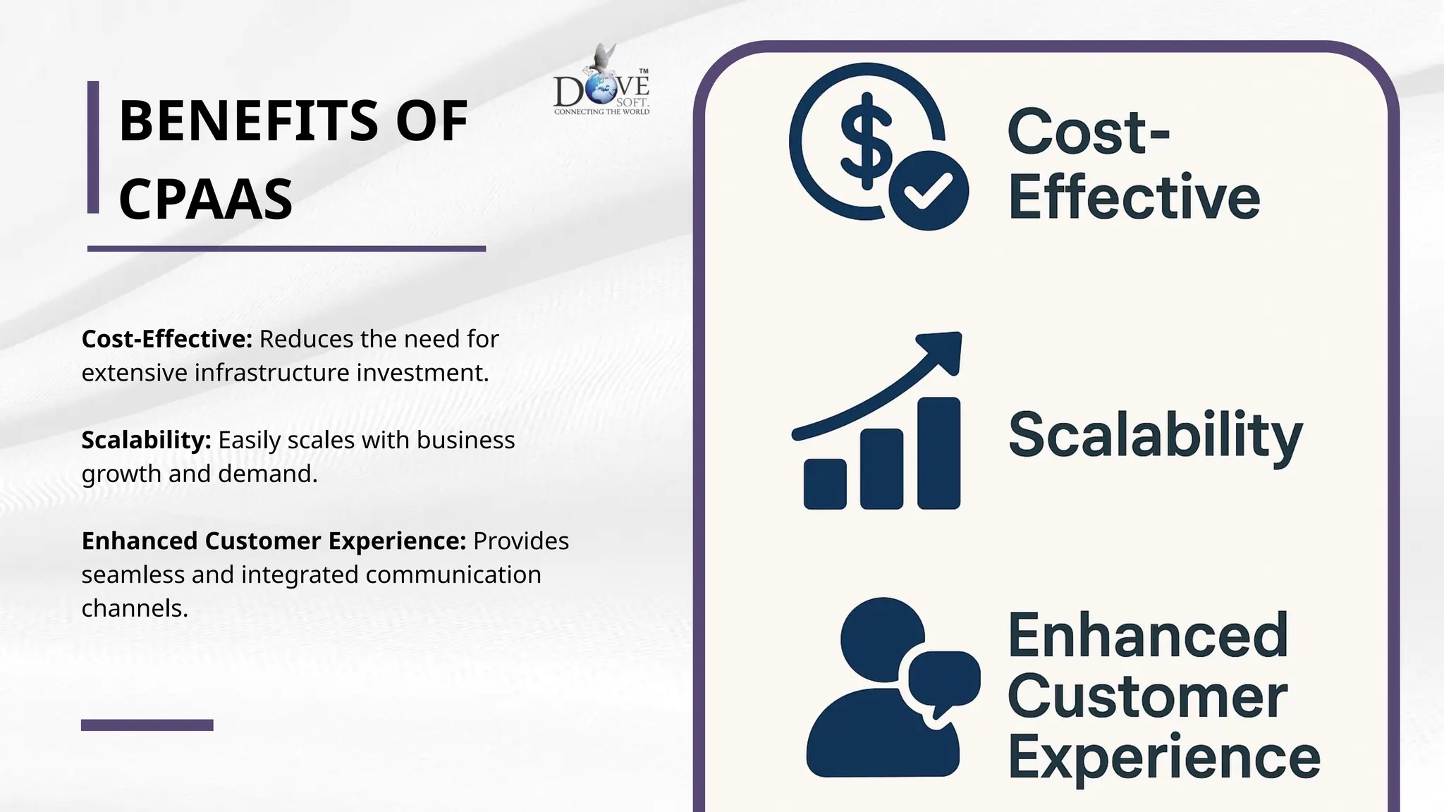 BENEFITS OF
CPAAS
Cost-Effective: Reduces the need for
extensive infrastructure investment.
Scalability: Easily scales with business
growth and demand.
Enhanced Customer Experience: Provides
seamless and integrated communication
channels.
 