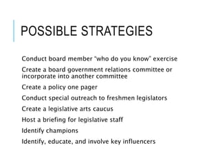 POSSIBLE STRATEGIES
Conduct board member “who do you know” exercise
Create a board government relations committee or
incorporate into another committee
Create a policy one pager
Conduct special outreach to freshmen legislators
Create a legislative arts caucus
Host a briefing for legislative staff
Identify champions
Identify, educate, and involve key influencers
 