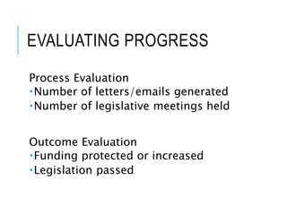 EVALUATING PROGRESS
Process Evaluation
Number of letters/emails generated
Number of legislative meetings held
Outcome Evaluation
Funding protected or increased
Legislation passed
 
