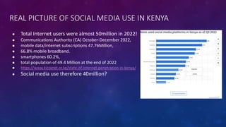 REAL PICTURE OF SOCIAL MEDIA USE IN KENYA
● Total Internet users were almost 50million in 2022!
● Communications Authority (CA) October-December 2022,
● mobile data/internet subscriptions 47.76Million,
● 66.8% mobile broadband.
● smartphones 60.2%,
● total population of 49.4 Million at the end of 2022
● https://www.kictanet.or.ke/state-of-internet-penetration-in-kenya/
● Social media use therefore 40million?
 