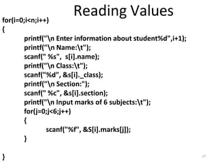 for(i=0;i<n;i++)
{
printf("n Enter information about student%d",i+1);
printf("n Name:t");
scanf(" %s", s[i].name);
printf("n Class:t");
scanf("%d", &s[i]._class);
printf("n Section:");
scanf(" %c", &s[i].section);
printf("n Input marks of 6 subjects:t");
for(j=0;j<6;j++)
{
scanf("%f", &S[i].marks[j]);
}
} 27
Reading Values
 