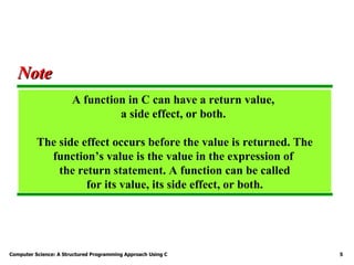 Computer Science: A Structured Programming Approach Using C 5
A function in C can have a return value,
a side effect, or both.
The side effect occurs before the value is returned. The
function’s value is the value in the expression of
the return statement. A function can be called
for its value, its side effect, or both.
Note
Note
 
