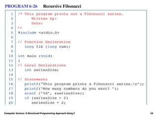 Computer Science: A Structured Programming Approach Using C 10
PROGRAM 6-26 Recursive Fibonacci
 