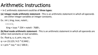 Arithmetic Instructions
• In C arithmetic statement could be of three types:
(a) Integer mode arithmetic statement - This is an arithmetic statement in which all operands
are either integer variables or integer constants.
Ex.: int i, king, issac, noteit ;
i = i + 1 ;
king = issac * 234 + noteit - 7689 ;
(b) Real mode arithmetic statement - This is an arithmetic statement in which all operands are
either real constants or real variables.
Ex.: float q, a, si, prin, noy, roi ;
q = a+ 23.123 / 4.5 * 0.3442 ;
si = prin * noy * roi / 100.0 ;
 
