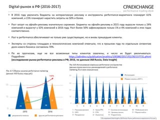 • В 2016 году увеличить бюджеты на интерактивную рекламу и инструменты performance-маркетинга планирует 61%
компаний, а 15% планируют нарастить затраты на 50% и более.
• Рост затрат на офлайн-рекламу значительно скромнее. Бюджеты на офлайн-рекламу в 2015 году выросли только у 24%
компаний и вырастут у 32% компаний в 2016 году. Рост более 50% зафиксировали только 1% и 4% компаний в этих годах
соответственно.
• Рост в performance обеспечивают не только уже существующие, но и вновь пришедшие клиенты.
• Эксперты со стороны площадок и технологических компаний отмечали, что в прошлом году по отдельным сегментам
доля нового бизнеса составляла 70%.
• По их прогнозам, еще не все возможные типы клиентов охвачены, и число их будет увеличиваться.
Подробнее: https://adindex.ru/publication/analitics/100380/2017/01/30/157731.phtml
(исследование рынка performance-рекламы в РФ, 2016, по данным IAB Russia, Data Insight)
Digital-рынок в РФ (2016-2017)
 