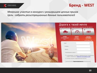 Механика: участие в конкурсе с розыгрышем ценных призов
Цель : собрать регистрационные данные пользователей
10
Бренд - WEST
 
