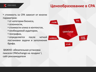 Ценообразование в СРА
• стоимость за СРА зависит от многих
параметров:
• от категории бизнеса,
• сезонности,
• стоимости клика в контекстах,
• необходимой аудитории,
• географии,
• определяется после четкой
постановки задачи и заполнения
брифа.
ВАЖНО: обязательная установка
пикселя CPAExchange на лендинг 
сайт рекламодателя
 
