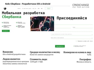 Вакансии:
iOs и Android разработчики
Лидом является:
подтвержденная колл-центром
Заказчика заявка соискателя
Конверсия из клика в лид:
9,4%
География:
Москва и область
Среднее количество в месяц:
более 65 заявок кандидатов
Стоимость лида:
1250 руб + НДС
Кейс Сбербанк - Разработчики iOS и Android
 