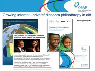 Growing interest –private/ diaspora philanthropy in aid
                                                                                             www.cgap.org.uk/




      International Development Committee
      publishes report on private foundations




      20 January 2012

      Private philanthropy is improving the lives of some of the world's               Migrant remittances and
      poorest people, but the Department for International                             charitable donations
      Development (DFID) must do more to engage private foundations
      in coordinated global efforts to improve the effectiveness of aid.                 Tom McKenzie and Cathy Pharoah
                                                                                         23 March 2012
      While private foundations make a huge contribution, concerns
      have been raised about the transparency and accountability…….
      foundations should sign ……be brought into global structures to
      ensure that they coordinate their work with other donors.
                                                                           www.shaw-trust.org.uk
 