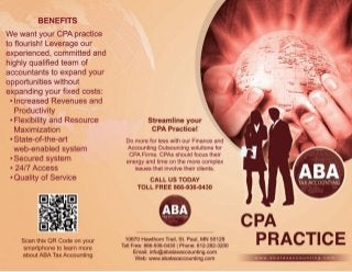 CPAs Free up your time with ABA Tax Accounting outsource solutions, reliable and low cost outsourced Tax Preparation and Bookkeeping Services. For more information call today 651-621-5777 