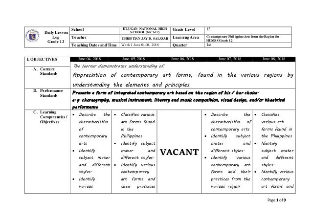 Page 1 of 9
Daily Lesson
Log
Grade 12
School ITLUGAN NATIONAL HIGH
SCHOOL (GR.7-12)
Grade Level 12
Teacher CHRISTIAN JAY D...