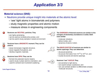 Application 3/3 Material science (SNS) Neutrons provide unique insight into materials at the atomic level: ‘ see’ light atoms in biomaterials and polymers study magnetic properties and atomic motion measure stress in engineering components 