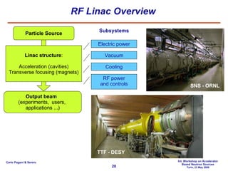 RF Linac Overview Particle Source Linac structure : Acceleration (cavities) Transverse focusing (magnets) Electric power Vacuum Cooling RF power and controls Output beam   (experiments,  users,  applications ...) Subsystems SNS - ORNL TTF - DESY 